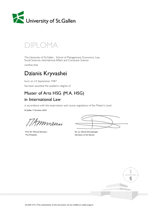 MA HSG Diploma in International Law